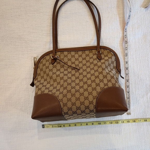 Gucci Bree Dome Tote Bag Brown Leather Cream Canvas Double Straps Zip Closure - Picture 16 of 16